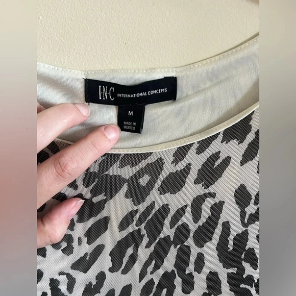 INC White and Black Leopard Long Sleeve Dress Ruched Sides Sexy Animal Comfy - Picture 3 of 10